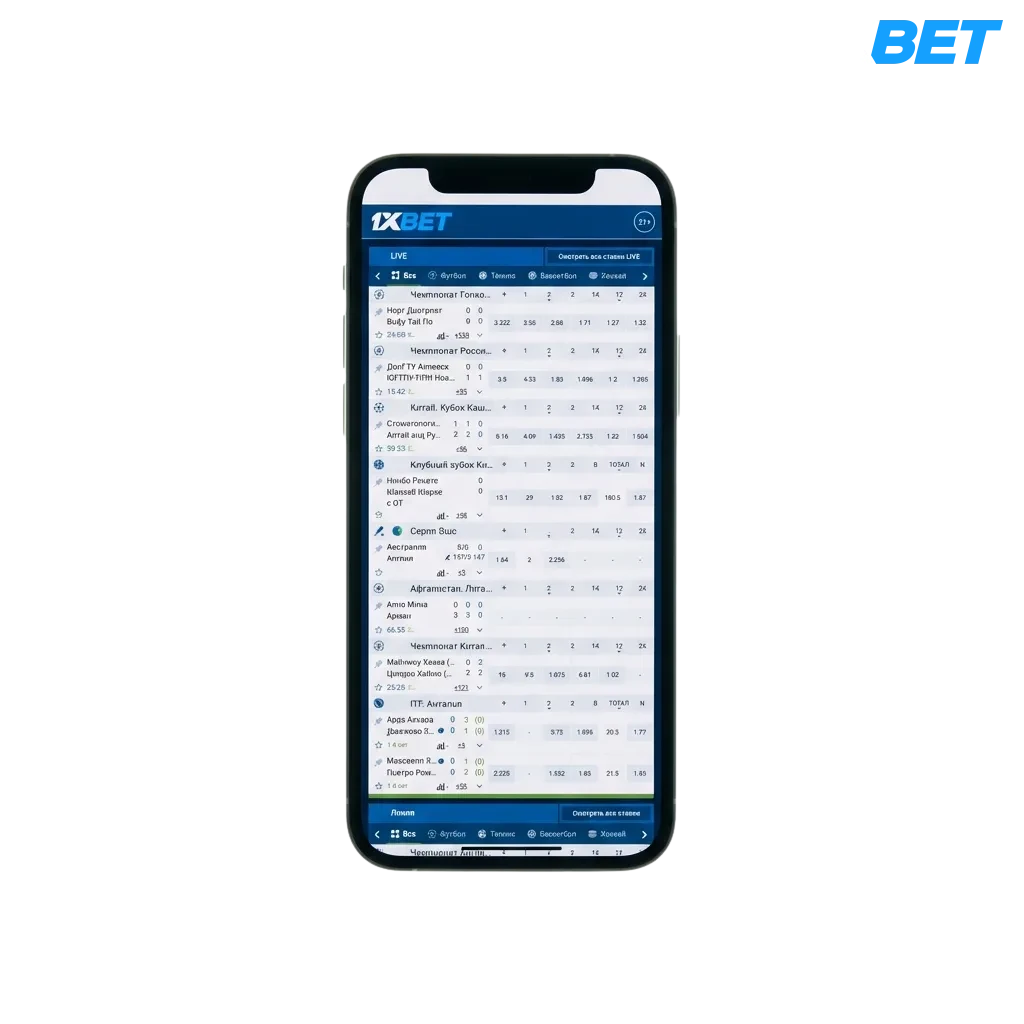1xbet mobile app interface showing sports betting options and casino games with welcome bonus offer displayed