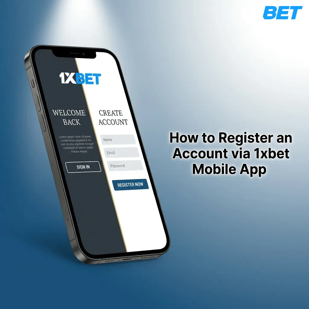 1xbet mobile app registration screen showing sign-up options including one-click, phone, email, and social media methods