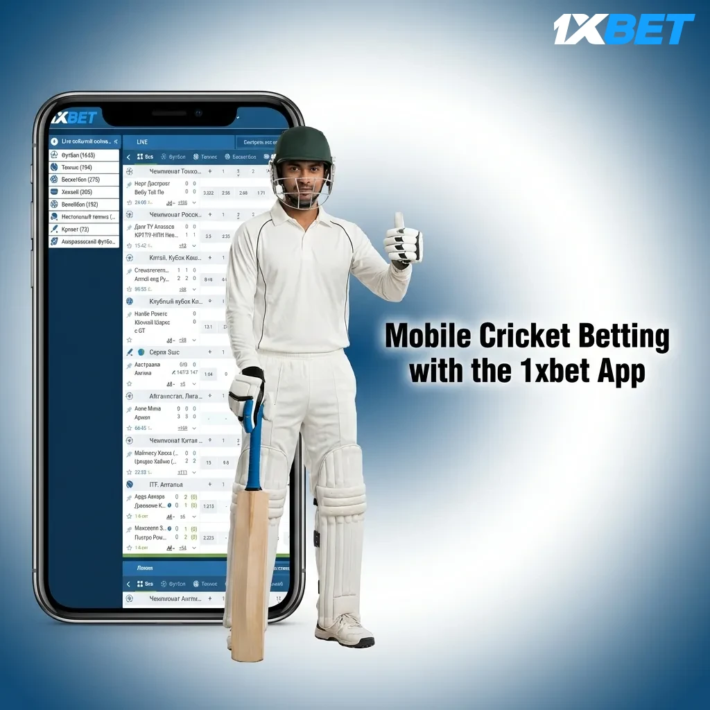1xbet mobile app interface showing cricket betting options on smartphone screen