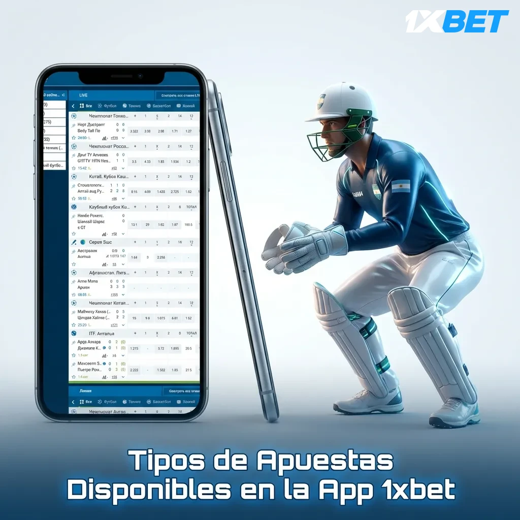 1xbet app interface showing multiple betting types: simple, accumulator, system, live betting, and handicap options