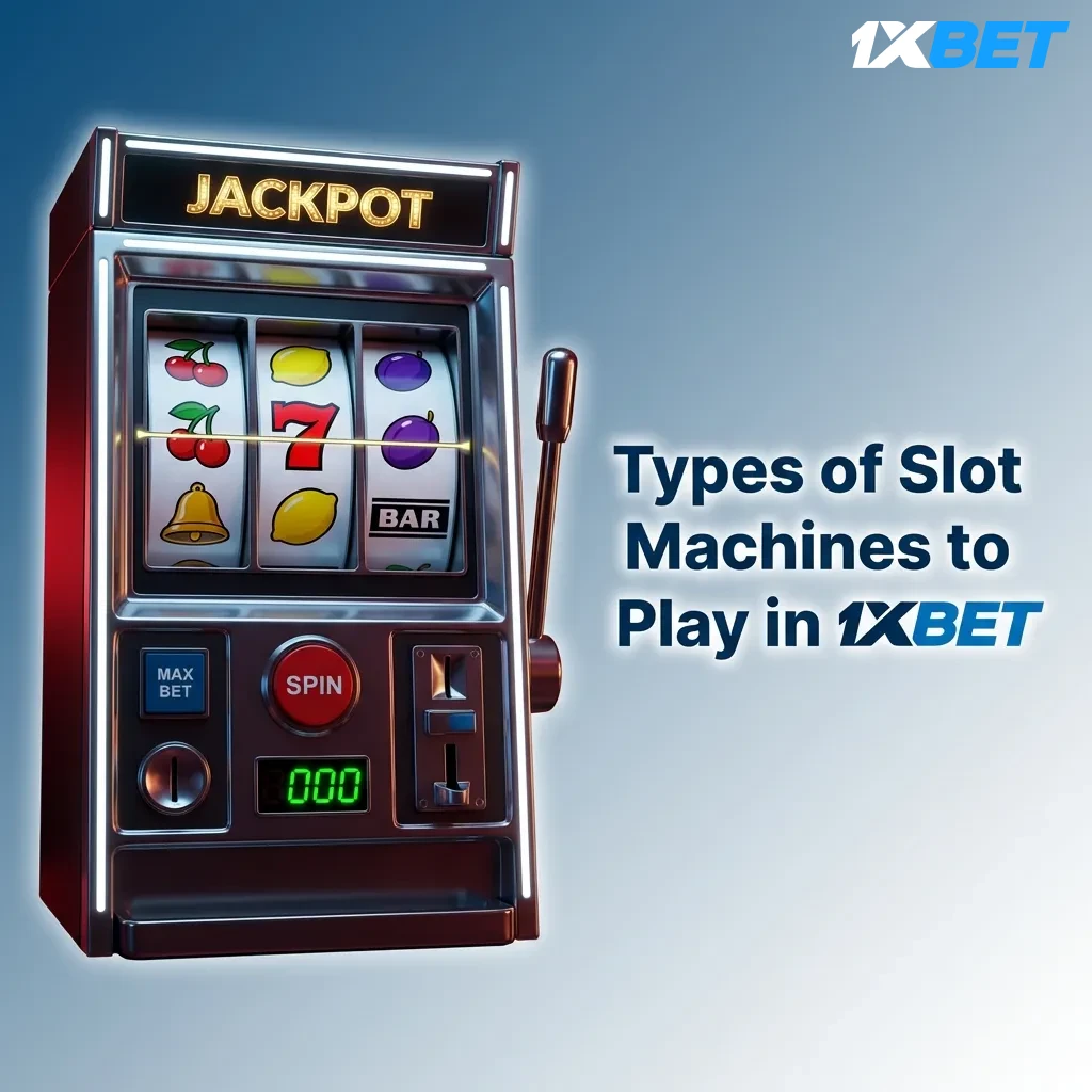 Diverse slot machine types at 1xbet including classic, video, progressive jackpots, Megaways, and cluster pays games