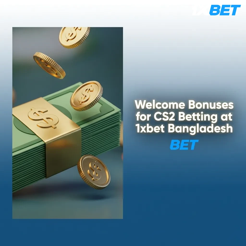 1xbet Bangladesh welcome bonus banner showing 100% first deposit bonus up to 12,000 BDT for CS2 esports betting