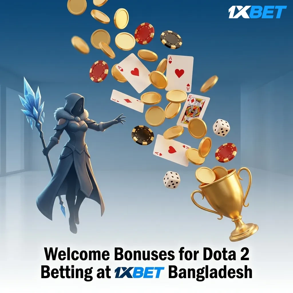1xbet Bangladesh welcome bonus promotional banner showing 100% first deposit match up to 12,000 BDT for Dota 2 betting