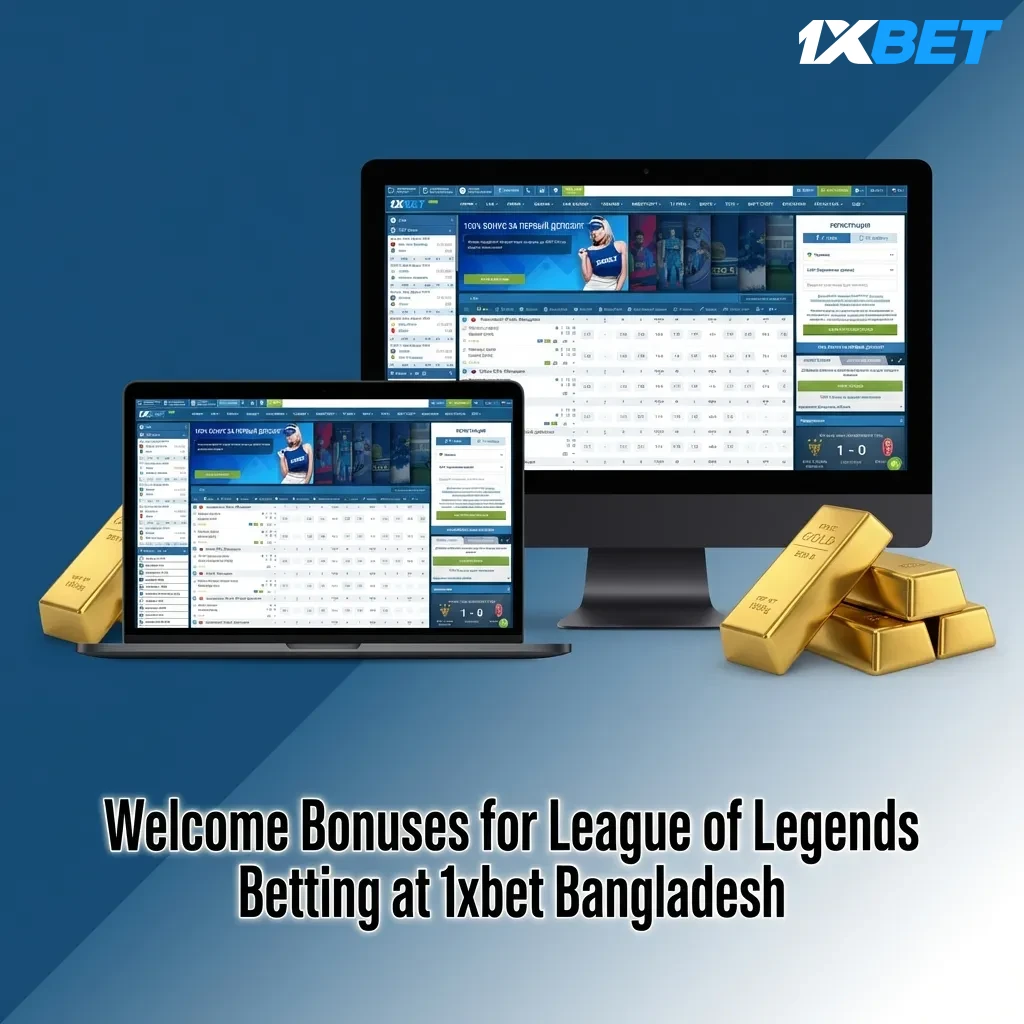 1xbet Bangladesh welcome bonus promotion showing 100% first deposit match up to 12,000 BDT for League of Legends betting
