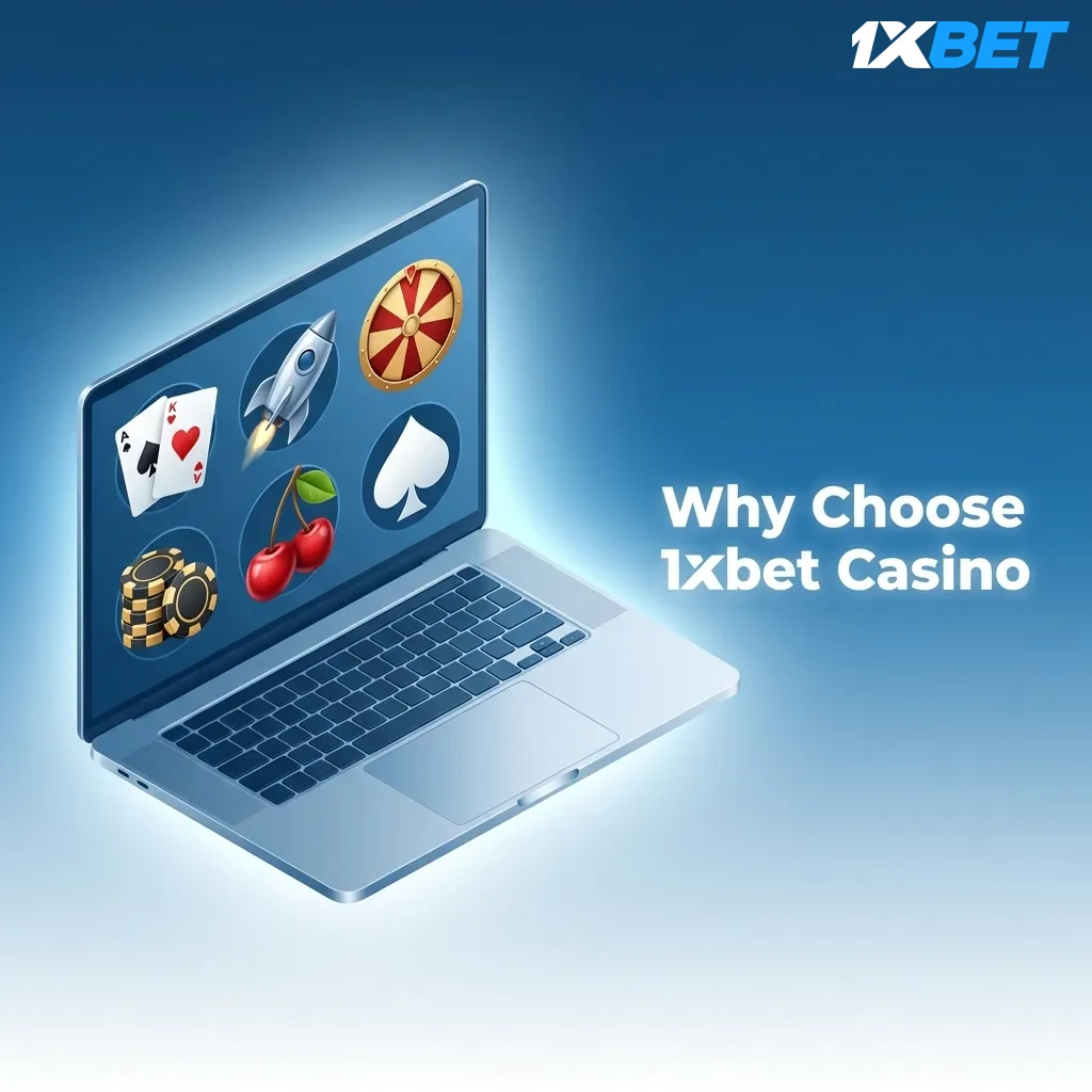 1xbet Casino interface showing fast deposits, mobile gaming, 24/7 support, and responsible gaming features