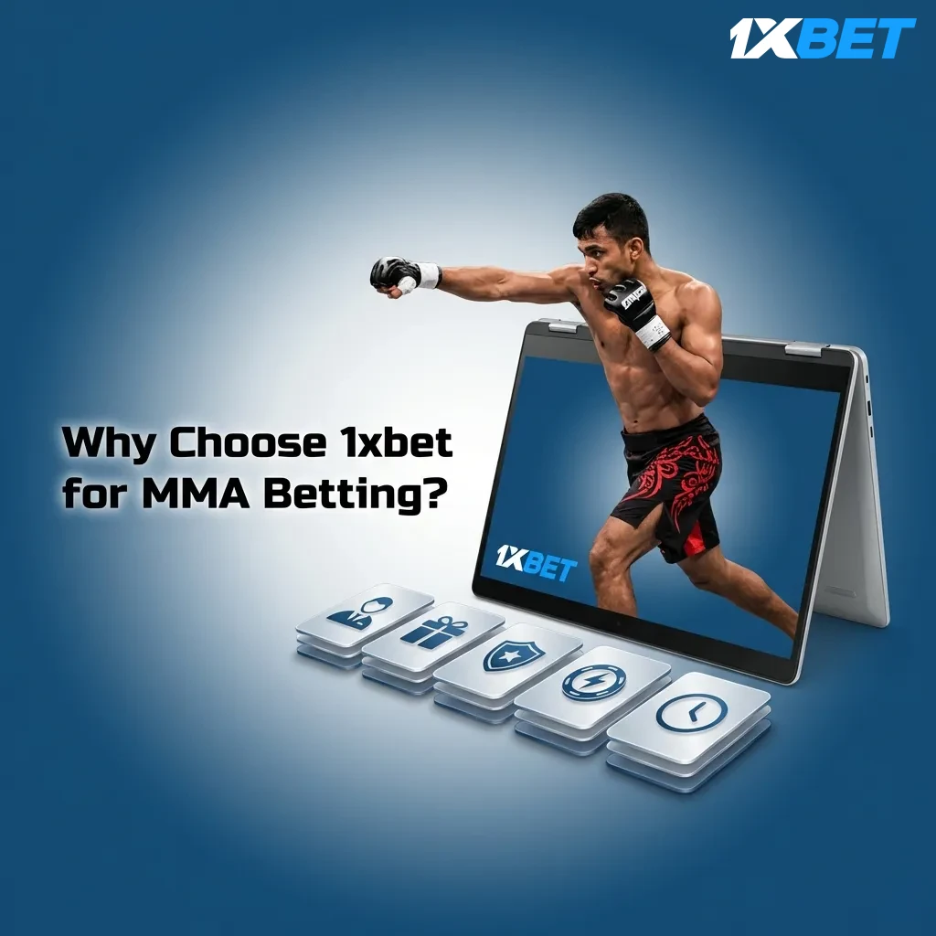 MMA fighter in octagon with 1xbet betting interface showing odds and live betting options on mobile device