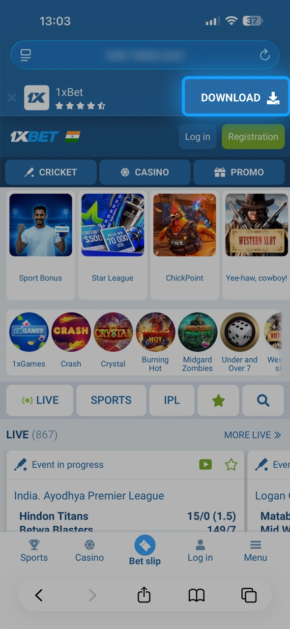Start the 1xBet India app acquisition by tapping the official download link designed for Indian iOS users.