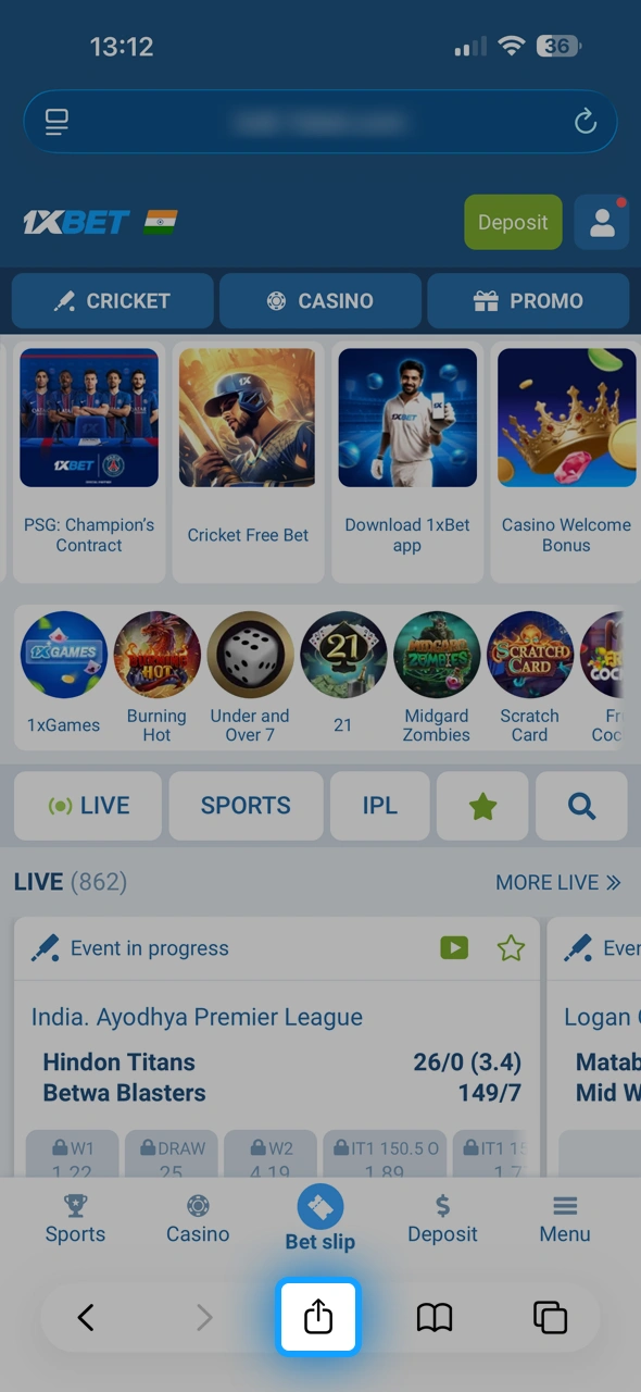 Open Share Menu to add 1xBet PWA to your home screen.