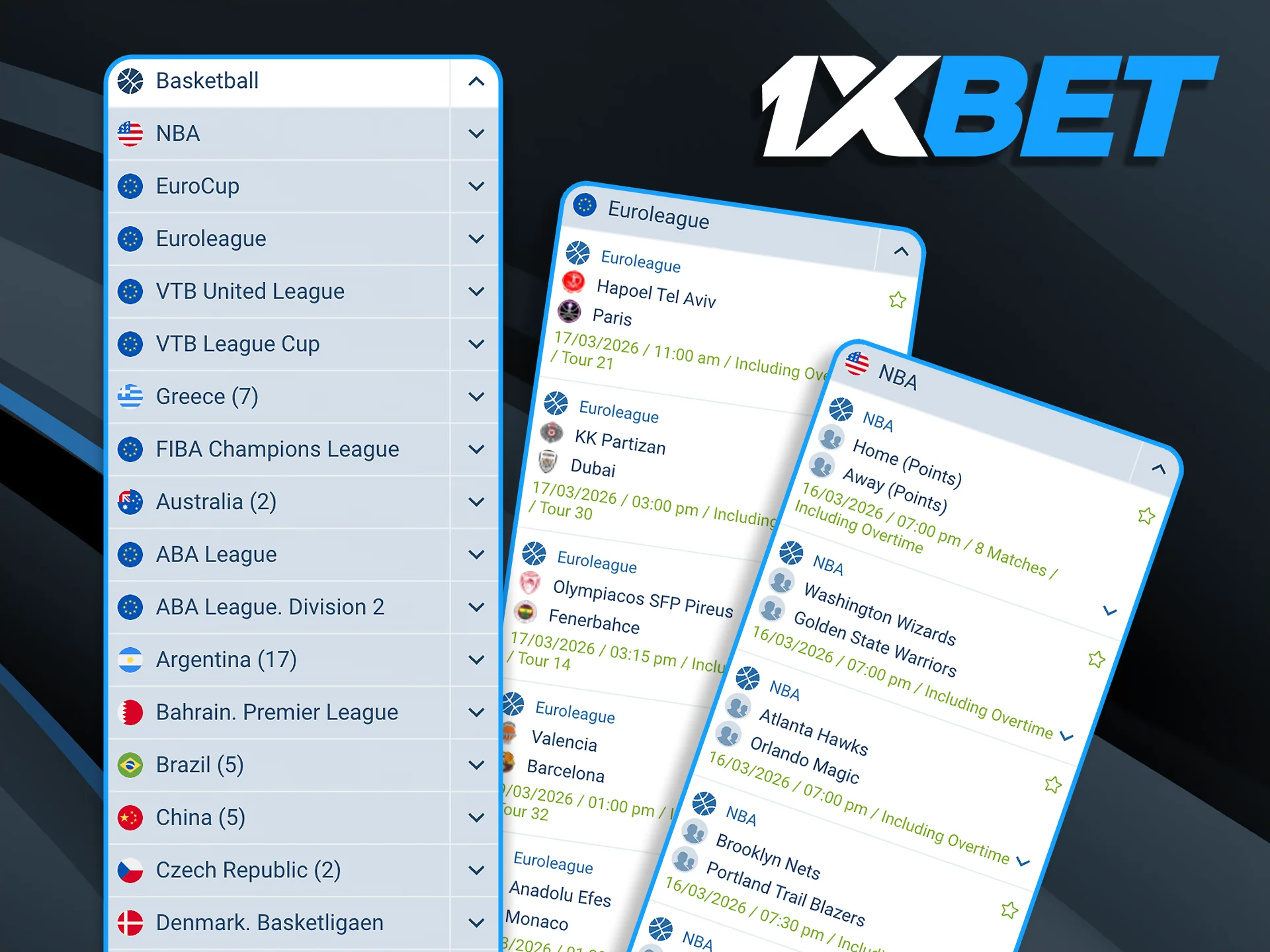 Access premium betting lines for the NBA, EuroLeague, Liga ACB, and top-tier international tournaments all in one place at 1xBet.