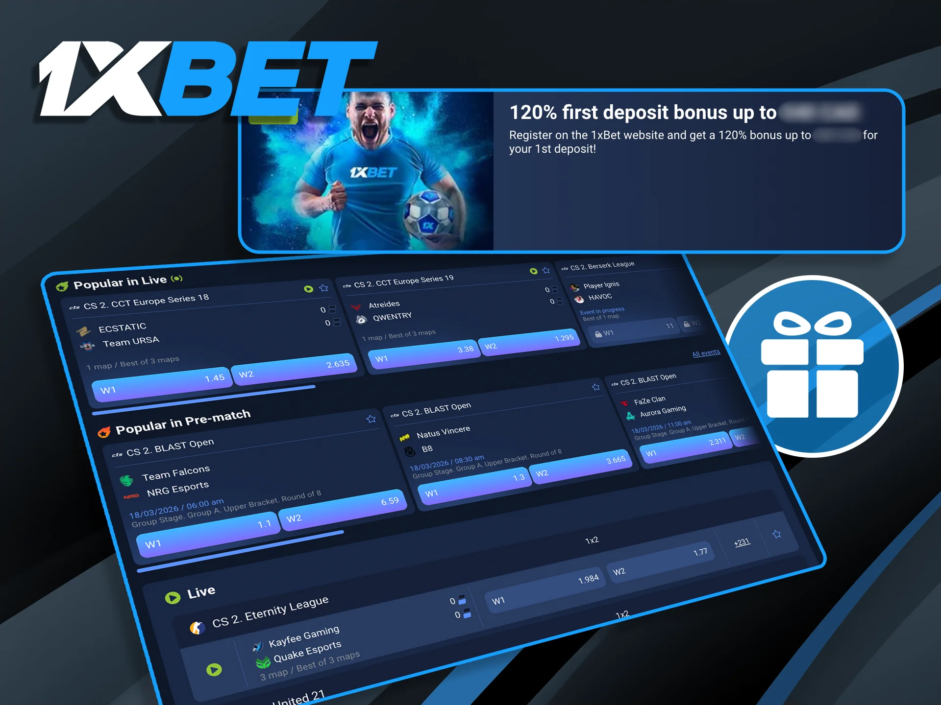 Boost your initial esports bankroll with a massive 120% deposit match available to all new 1xBet users.
