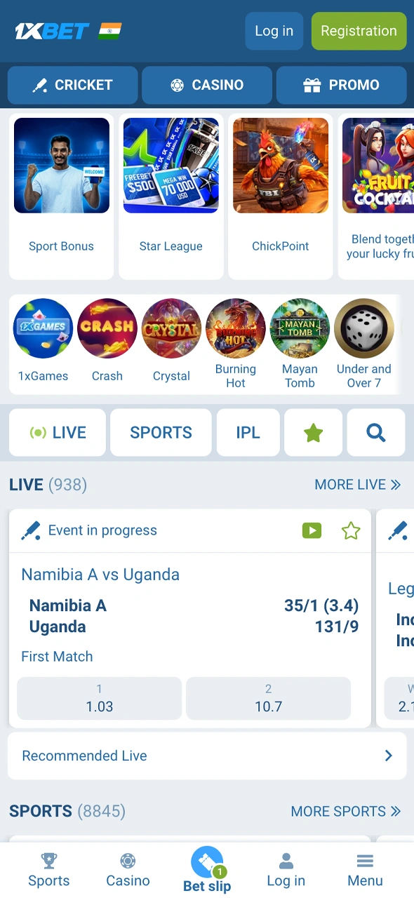 View the 1xBet India home screen featuring a localized interface with quick access to top cricket matches, popular Indian leagues, and instant UPI deposit buttons.