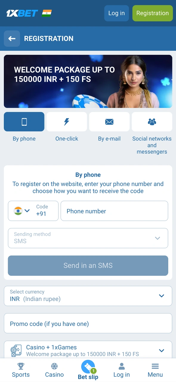 See the 1xBet India sign-up window offering One-Click and by Phone registration methods tailored for fast account creation within the Indian region.