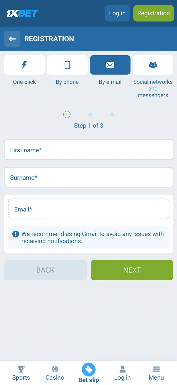 View the 1xBet global registration interface, providing multiple secure ways to join the platform from any country using various international currencies.