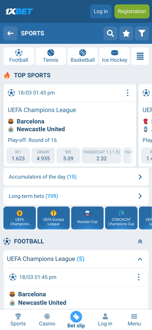 Open the 1xBet worldwide sports menu, offering a vast array of betting lines for football, basketball, tennis, and esports across all major international time zones.