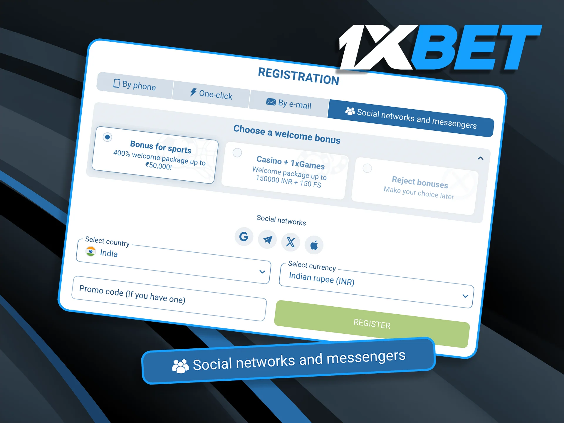 Sync your Telegram or Google account for an instant 1xBet India sign-up experience without manual data entry.