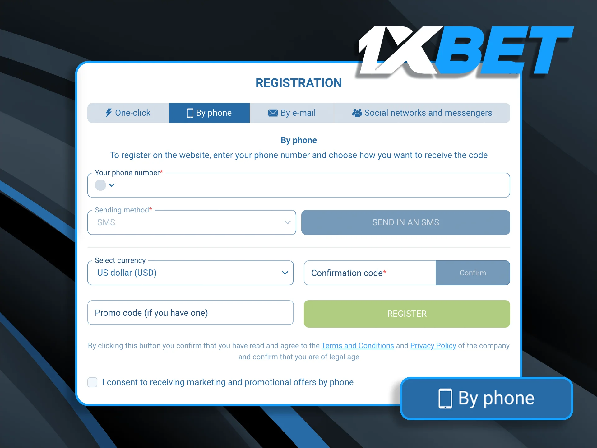 Securely register your 1xBet account using a mobile number for instant SMS-based identity confirmation.