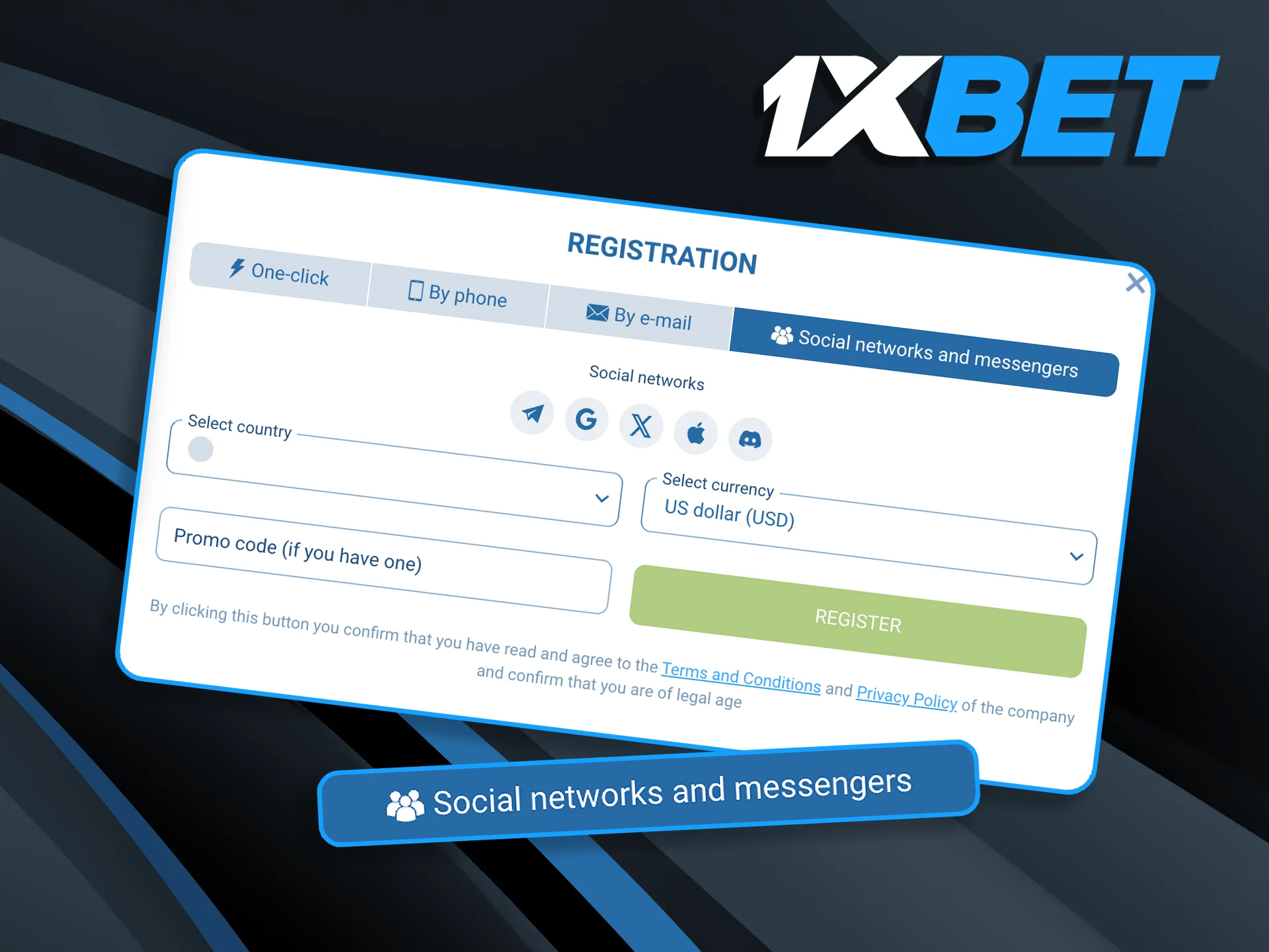 Use the 1xBet social media integration to log in quickly using popular global networks and messaging apps.