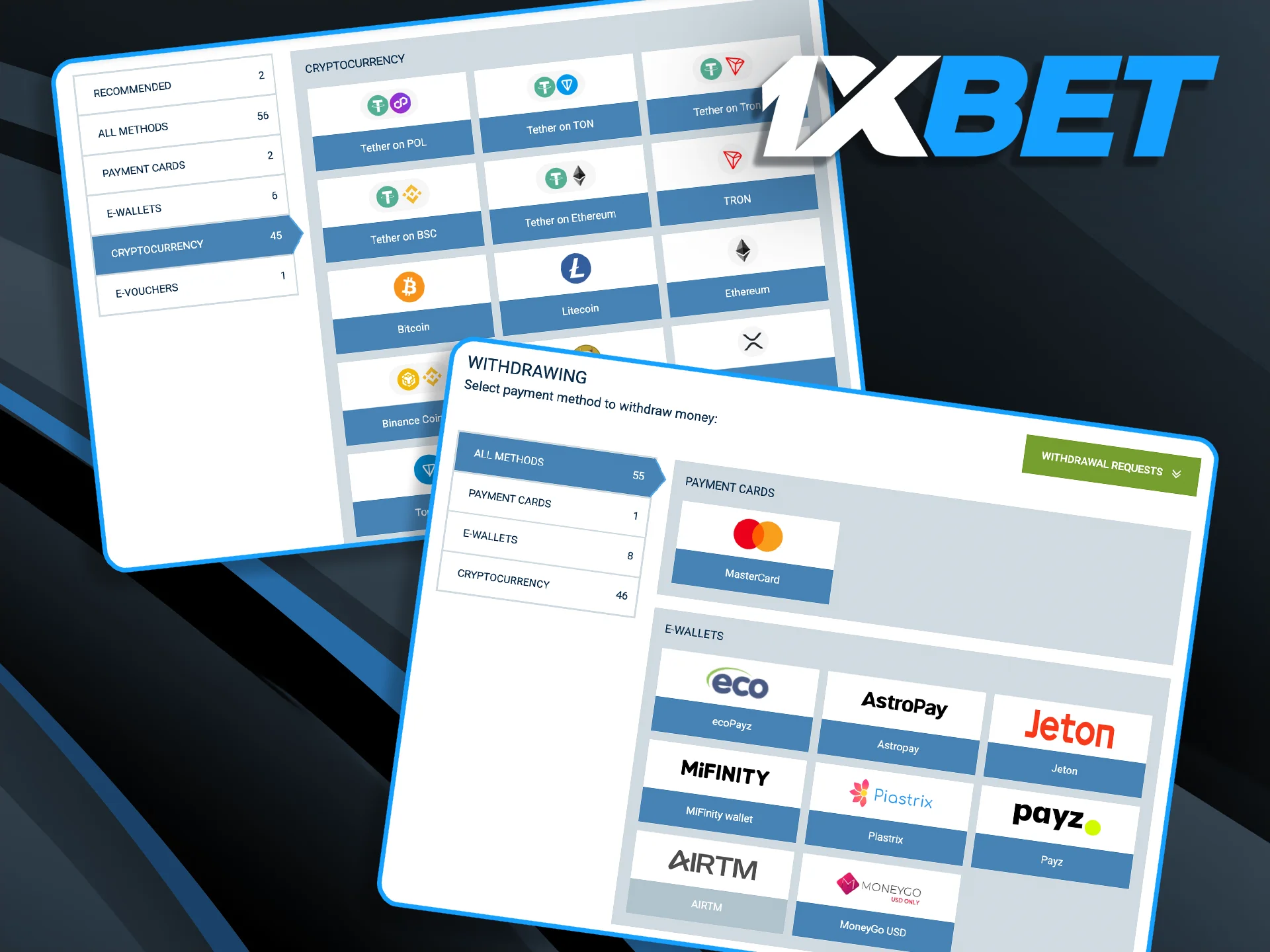 Manage your 1xBet funds securely with a vast array of global payment options, including e-wallets, cards, and cryptocurrencies.
